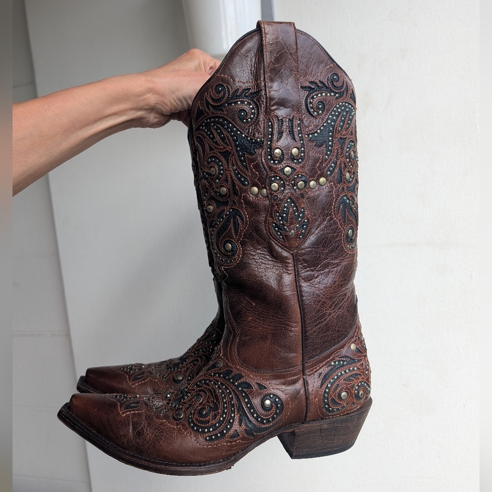 Matera Inlay Brown Studded Tooled Leather Western Snip Toe Cowboy Size 9